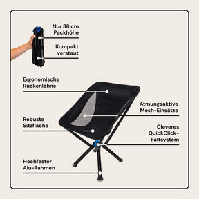 Autwild Campingstuhl - Mini-Packmaß, nur 1700 g, patentiertes QuickClick-System, in 10 Sekunden aufgebaut & bis 150 kg belastbar